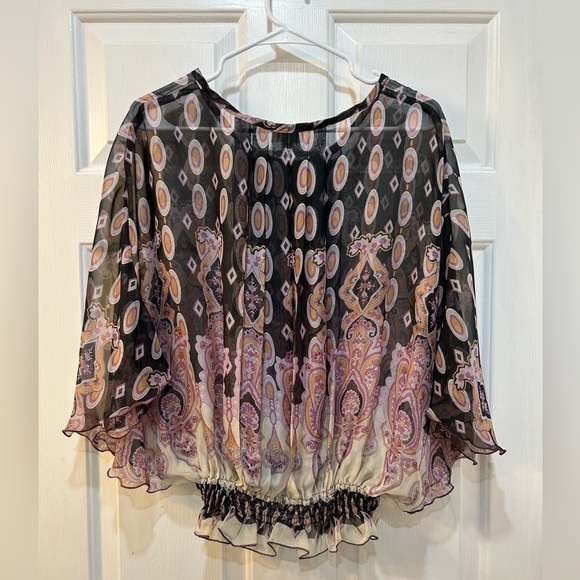 Women's Sheer Silk Blouse Cape Sleeve Medallion Paisley Print Sz M (DESIGNER???) - Picture 2 of 8